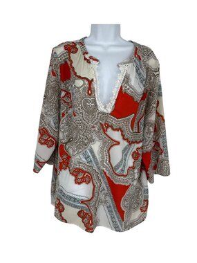 Chico's Womens Paisley Lightweight V-Neck Lace Trim 3/4 Sleeves Top Size 3 US XL